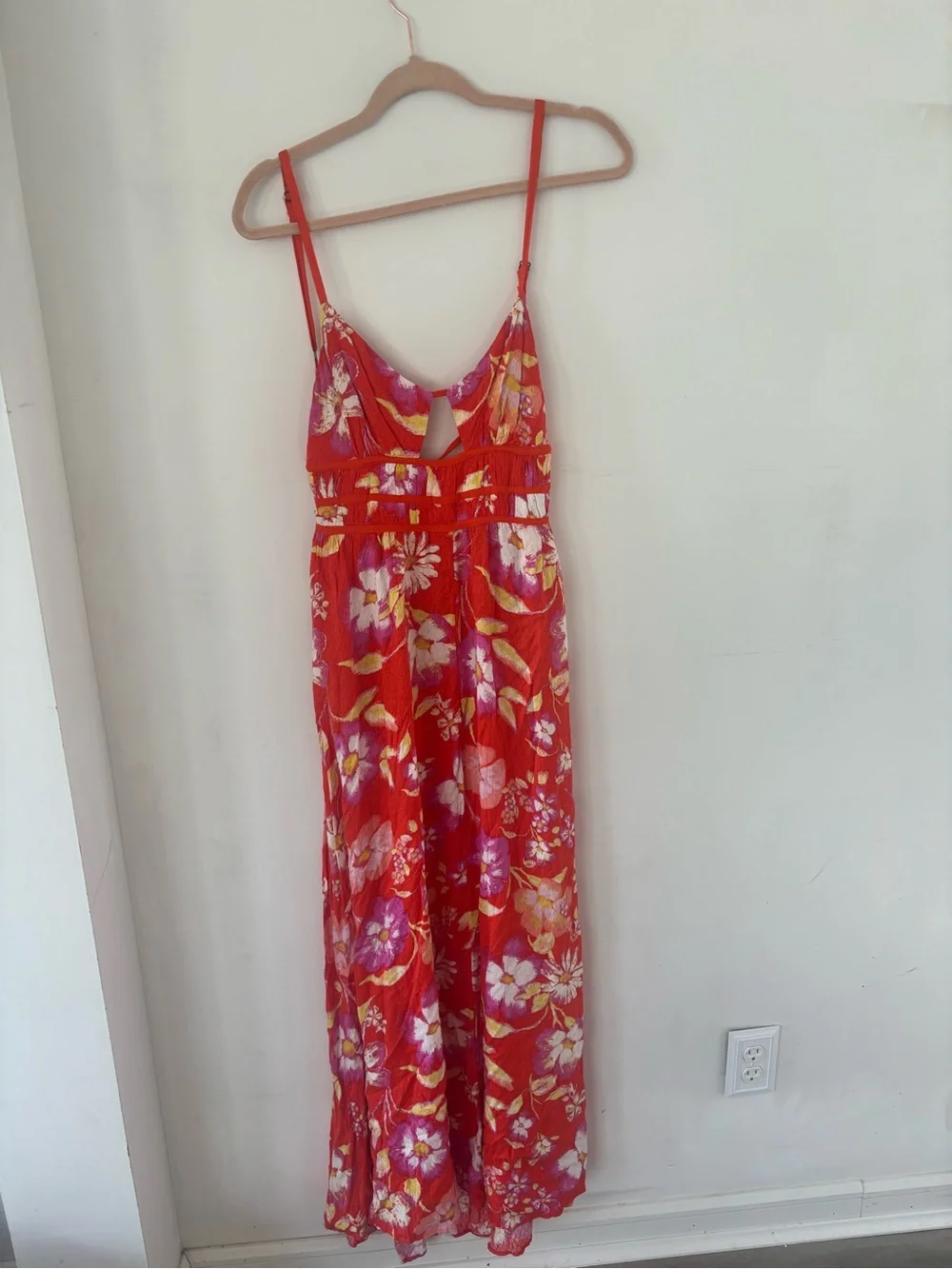 Free People M Wisteria  Orange Floral Maxi Dress with Spaghetti Straps